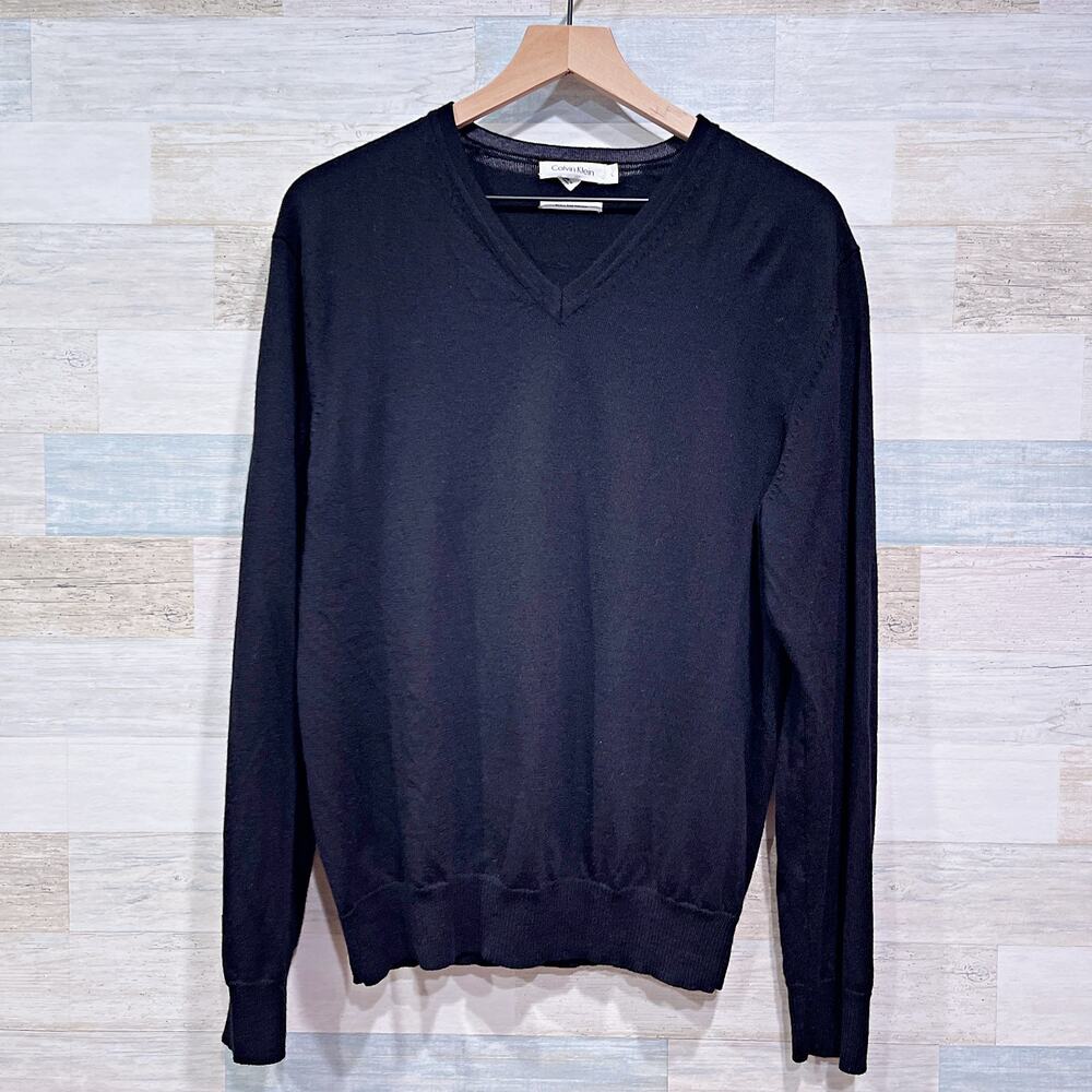 Calvin Klein 100% Extra Fine Merino Wool V Neck Sweater Black Mens Large